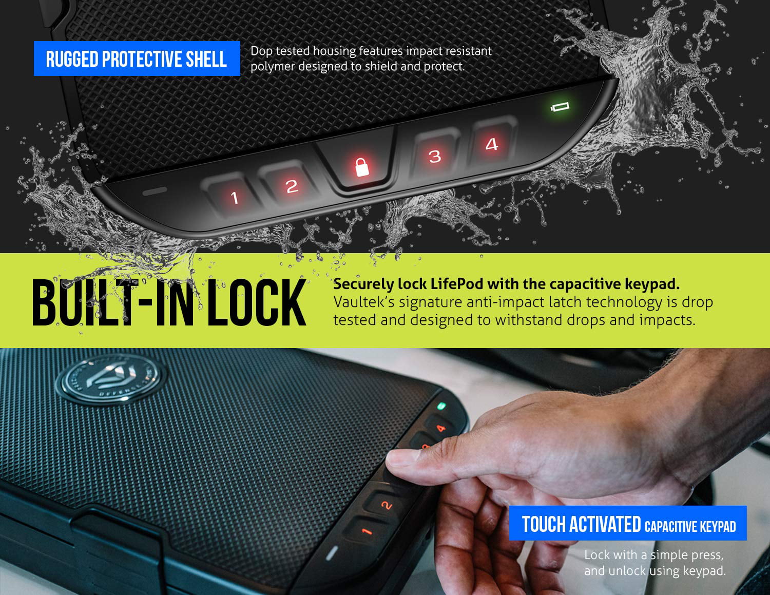 VAULTEK LifePod 2.0 Secure Waterproof Travel Case Rugged Electronic Lock Box Travel Organizer Portable Handgun Case with Backlit Keypad 