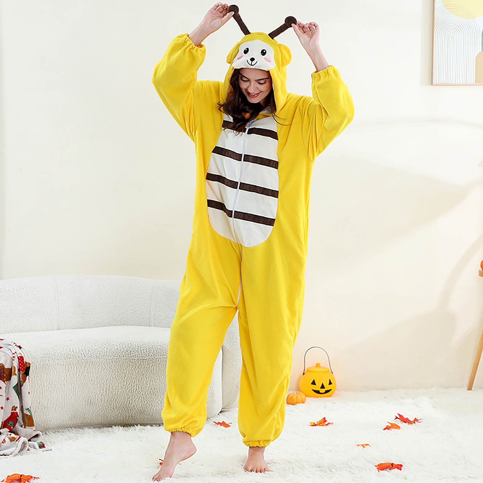 VNKIDY Women Autumn Winter Family Matching Yellow Cute Onesie Pajamas Plush Thermal Long Sleeve Loungewear With Hood Pockets For Home Relaxing Relaxed Set