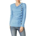 thumbnail image 1 of INSPIRAR CHIC Blusa de Manga Larga con Cuello de Cowl y Botones Decorativos, Frontal Fruncido, Ajuste Regular, Pulóver Talla XL Color Azul Claro, 1 of 7