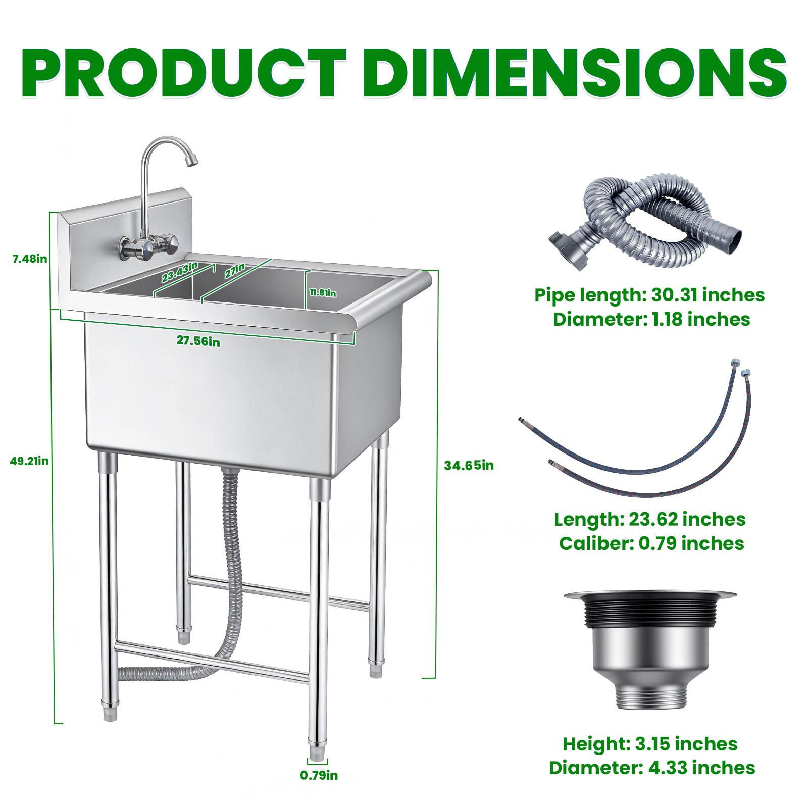 27 Inch Stainless Steel Freestanding Single Bowl, Kitchen Utility Sink Washing Hand Basin Utility Sink Laundry Sink Cleaning Sink with 360°Rotate Faucet for Kitchen, Outdoor & Restaurant