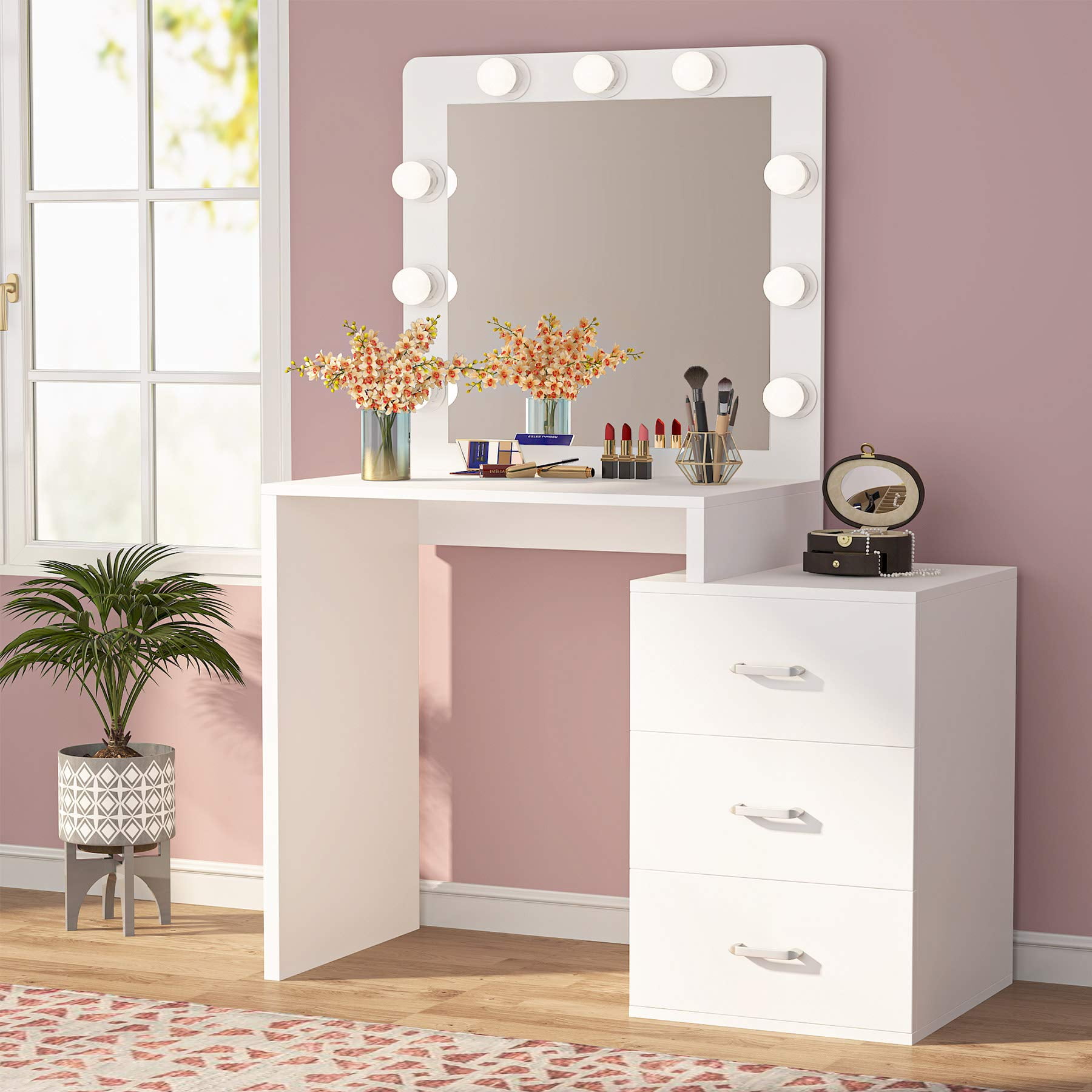 Details about   Tribesigns Makeup Vanity Table with Lighted Mirror Big Drawer and 3-Drawer Chest 