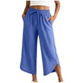 thumbnail image 2 of Favoffer Women's 3/4 Length Capri Pants Elastic Drawstring Waist Side Button Solid Color Casual Trousers Summer Relaxed Bottom for Daily Errands Travel, 2 of 5