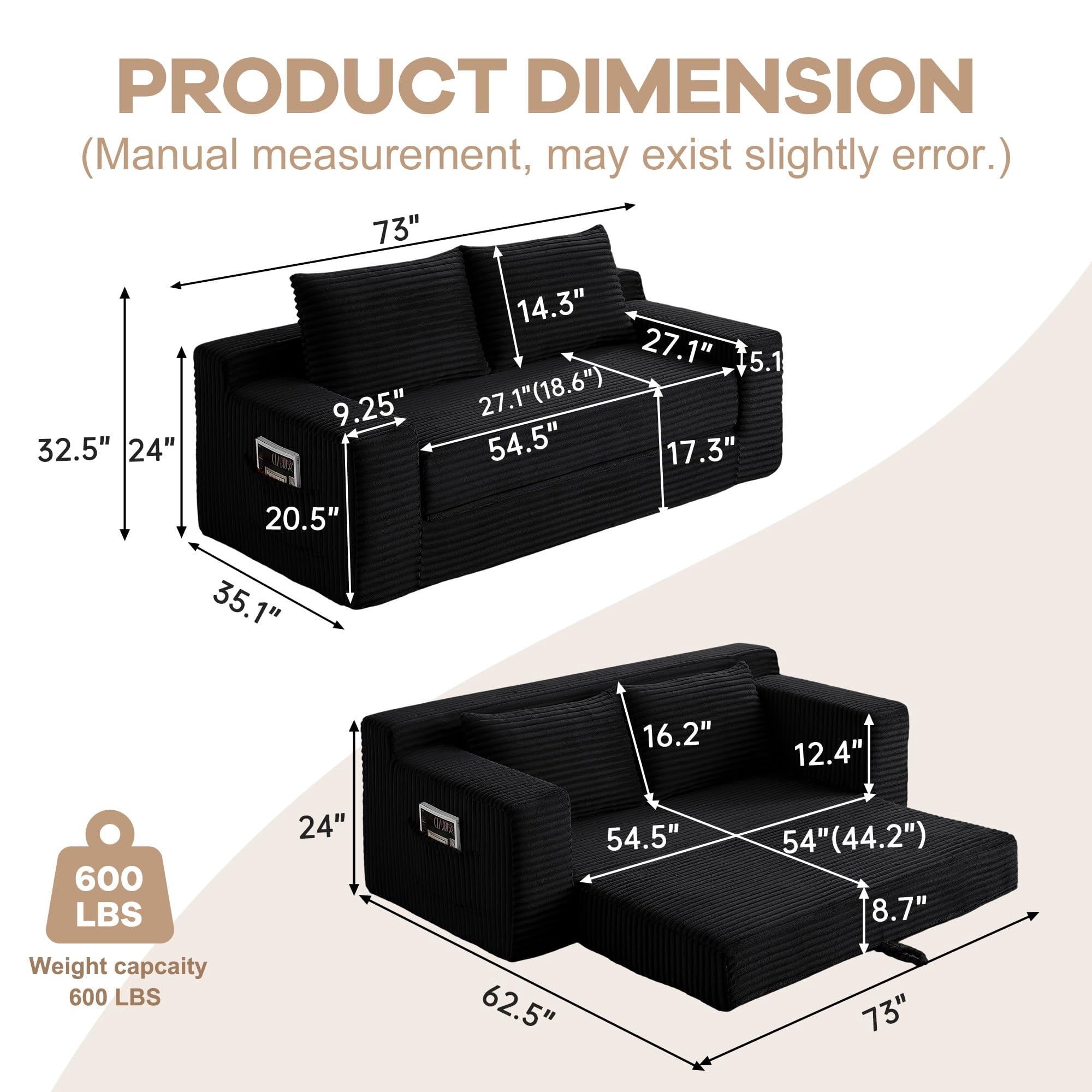 Aukfa 73" Chaise Futon Convertible Sofa Bed Boneless Couch, 2 Pillows&Side Pockets, Queen Size, Corduroy, Black
