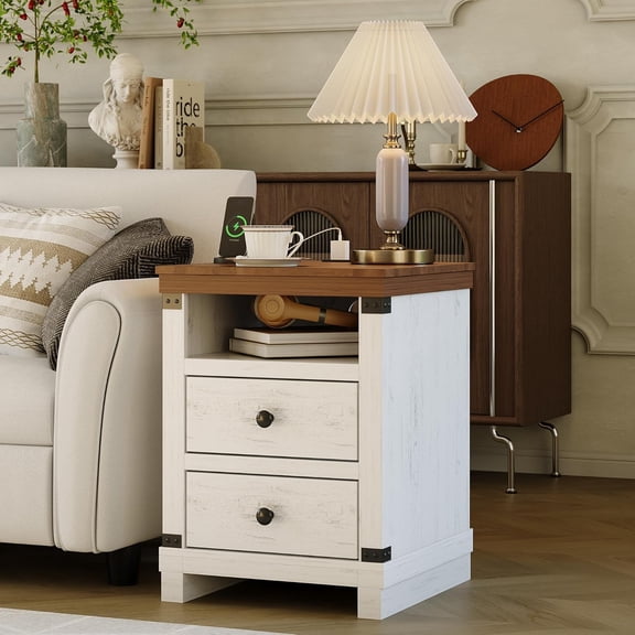 Farmhouse Nightstand with Charging Station, Modern Rustic Large Bedside Table with 2 Drawers & Open Shelf, USB Ports & AC Outlets for Bedroom Small Space, White