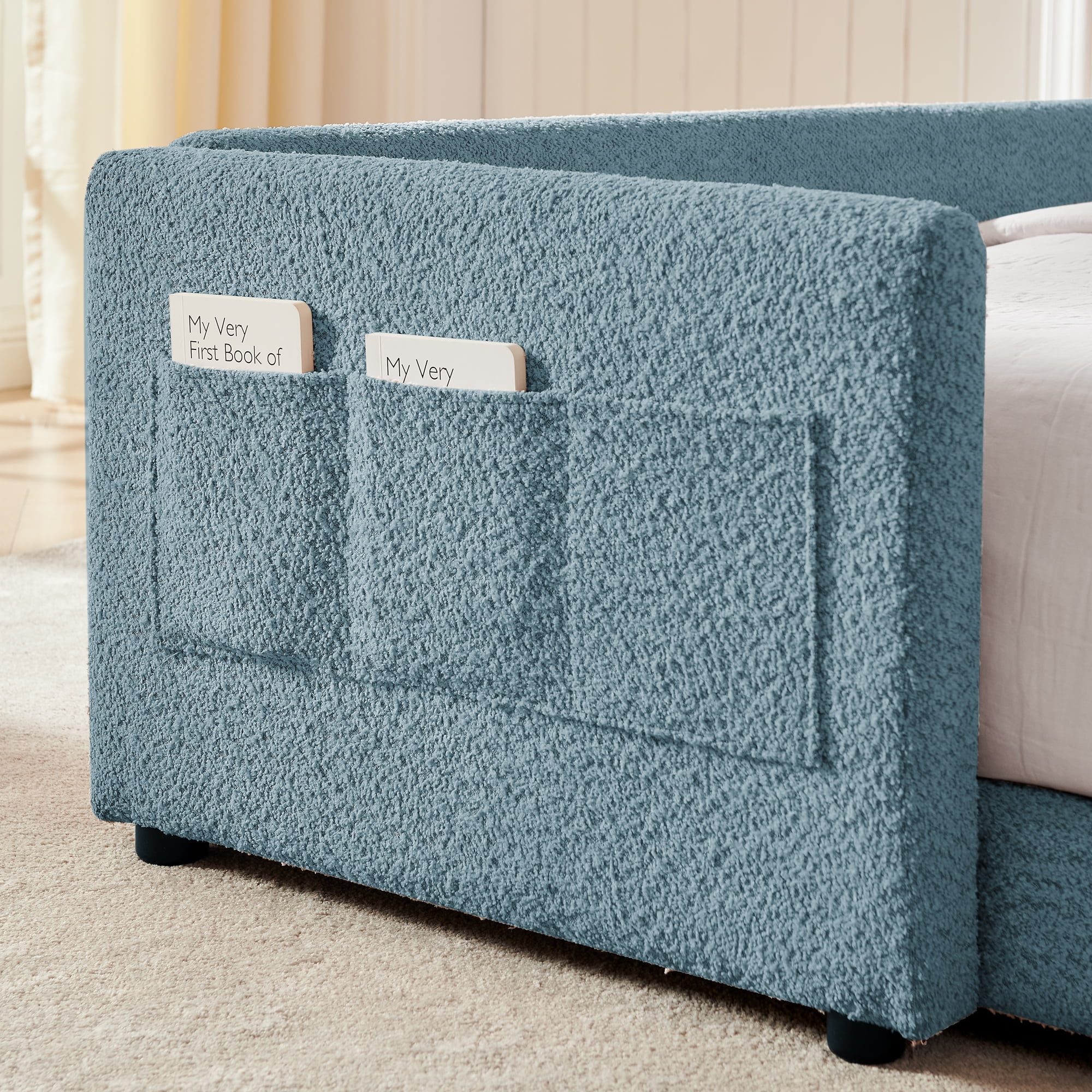 Oufan Full Size Platform Bed w/ Rabbit Ear Shaped Headboard, Boucle Bed Frame w/ Safety Rail & Wooden Slats Support for Girls, No Box Spring Needed