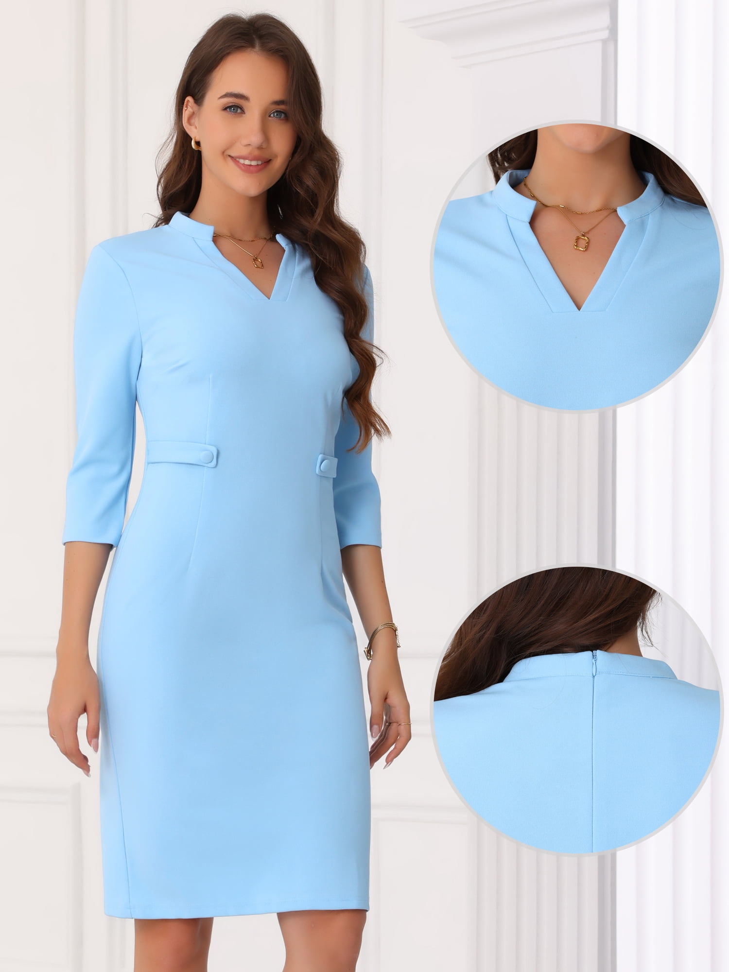 DARING DIVA V Neck Stand Collar 3/4 Sleeve Pencil Dress S Light Blue