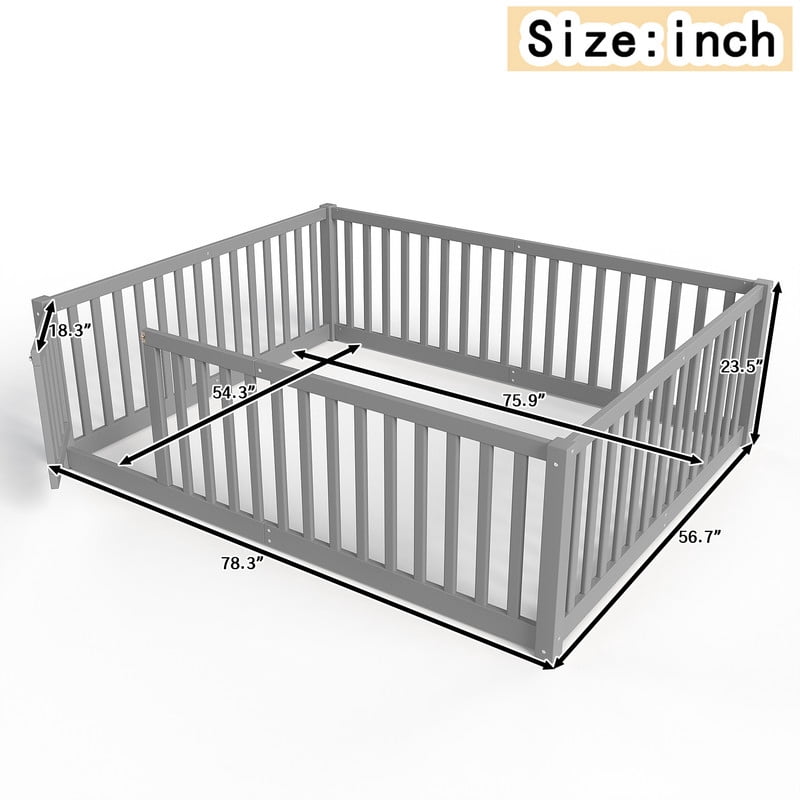 Bellemave Full Montessori Bed Frame, Wood Full Size Floor Bed with High Fence Rails, Full Beds Frame for Bedroom Playroom(Gray)