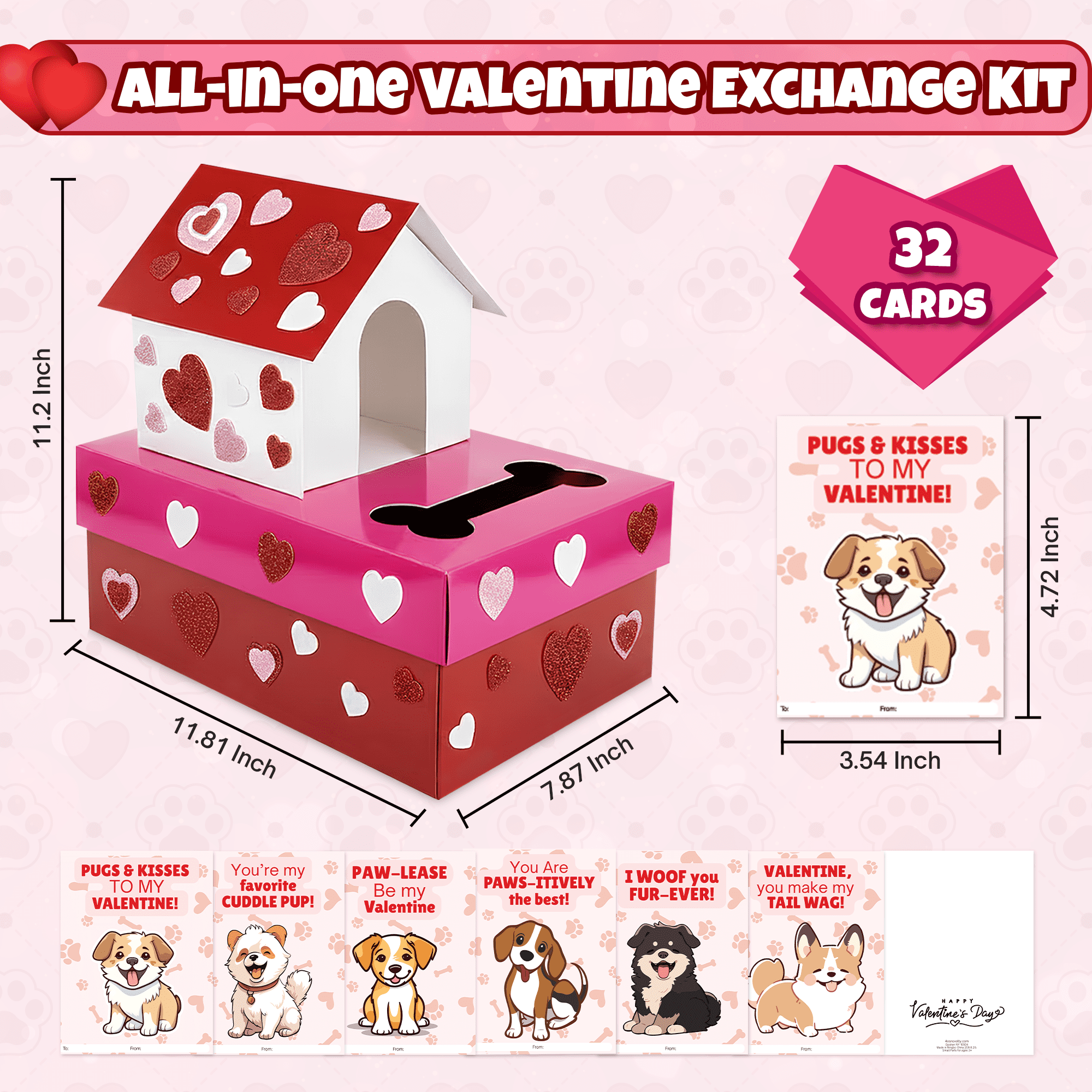 4E's Novelty 32-Piece Valentines Day Box and Cards for Kids, DIY Puppy Mailbox Craft Kit, Classroom Exchange, Includes Teacher Card and Heart Decorations