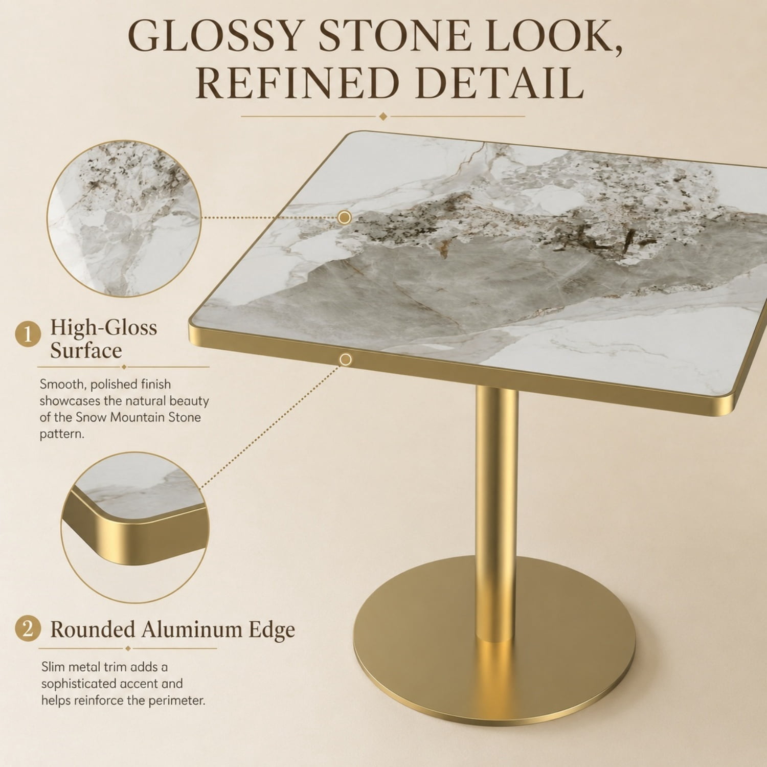 Miniyam 31.5 in Square Dining Table, Glossy Marble-Look Small Kitchen Table with Titanium Gold Feet, Cloud Gray Vein