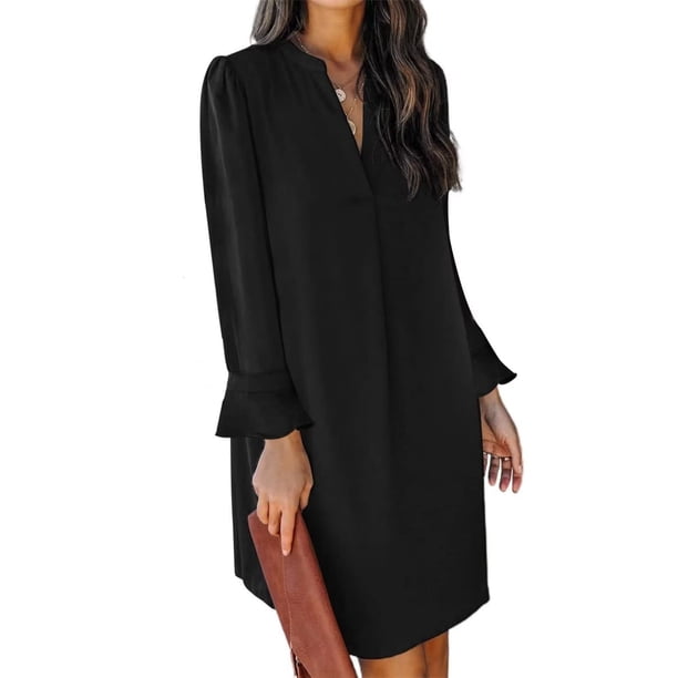 Vestido camisero con volantes y escote en V para mujer, vestido liso de color liso