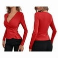 thumbnail image 2 of Women'S Wrap Ruched Plunge Deep V Neck Slim Fit Long Sleeve T Shirt Tunic Tops Tee Red XL, 2 of 5