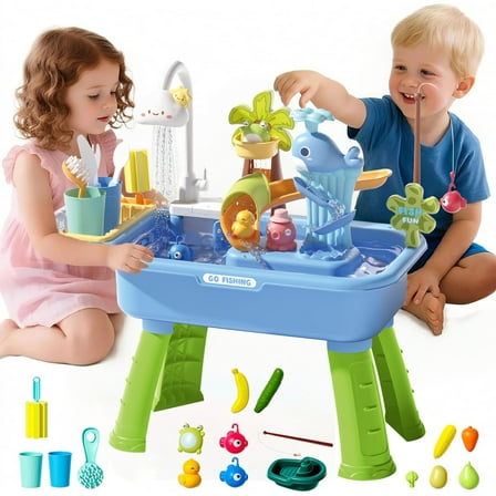 LINXUXIE 4-in-1 Toddler Sand Water Table, Kitchen Play Sink Toys with Electric Water Pump, Birthday Gifts for Kids 3-5 5-8 Year Old