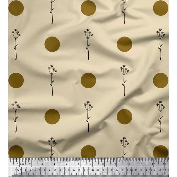 Soimoi Beige Cotton Voile Fabric Dots & Leaves Print Fabric by the Yard 42 Inch Wide