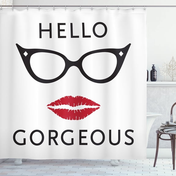 Hello Gorgeous Shower Curtain, Retro Eyeglasses and Red Lipstick Themed Phrase for Women and Girl, Fabric Bathroom Set with Hooks, 69W X 84L Inches Extra Long, Black White and Ruby, by Ambesonne