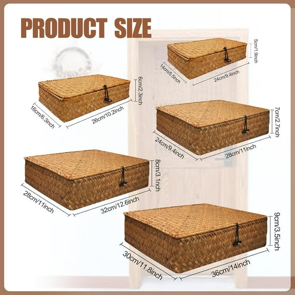 5 Pcs Seagrass Basket with Lid - Natural Woven Storage Baskets for Home Organization