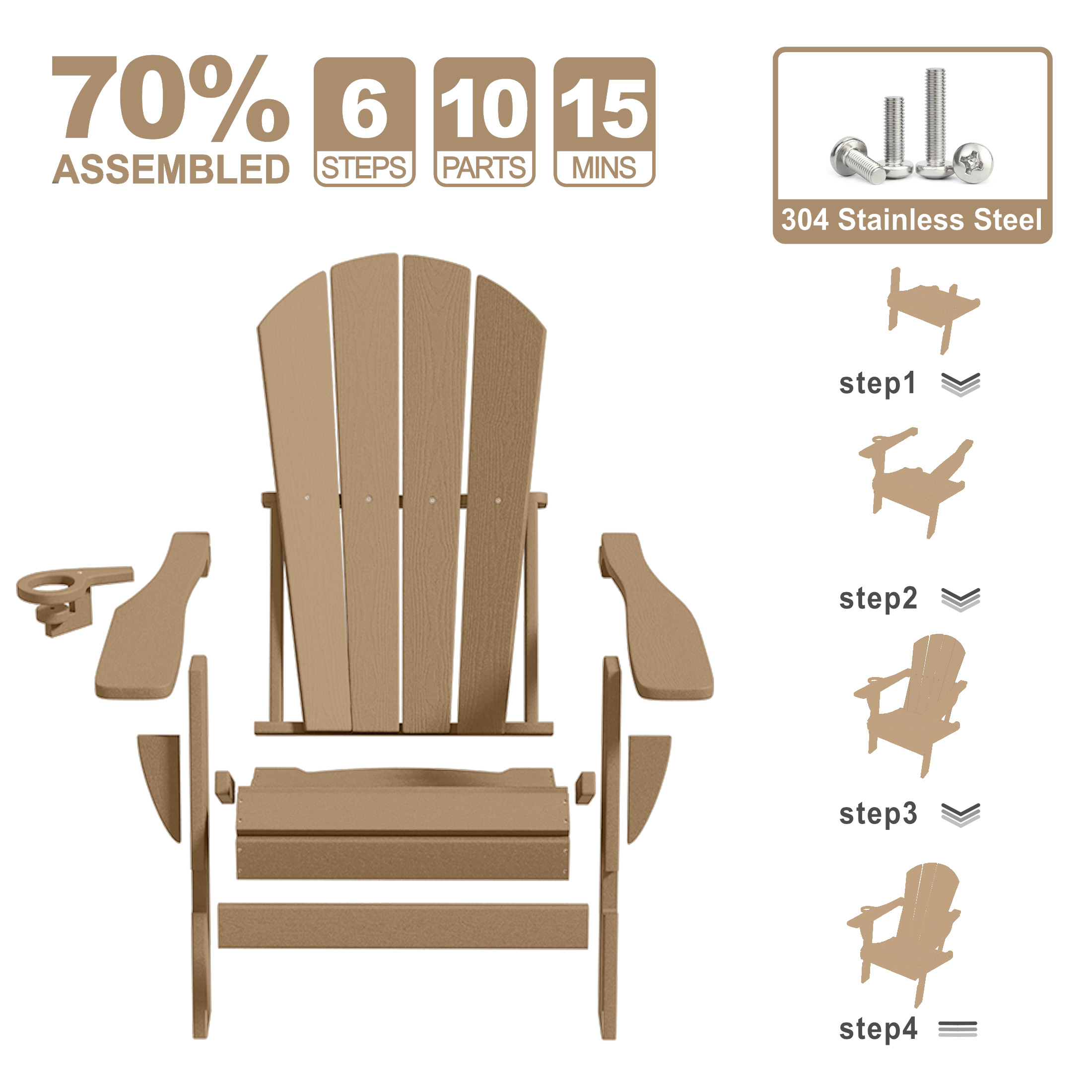 Adirondack Chair,HDPE All-Weather Patio Chairs Outdoor with Cup Holder, Lawn Chair with Weather Resistant for Outside Deck Lawn Garden, Weight Capacity Up to 380 Lbs –Brown