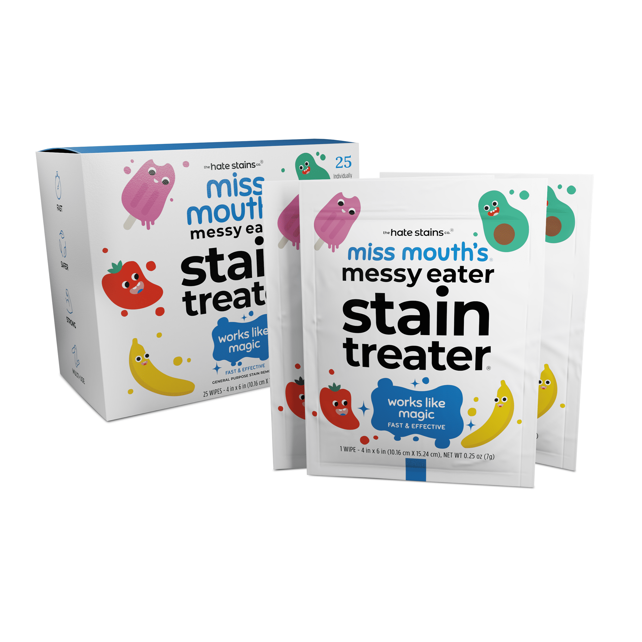 Miss Mouth's Messy Eater Stain Treater (25 Pack of Individual Wipes) | Super Concentrated Baby Stain Remover Wipes | Stain Remover for Clothes | Carpet Spot Cleaner