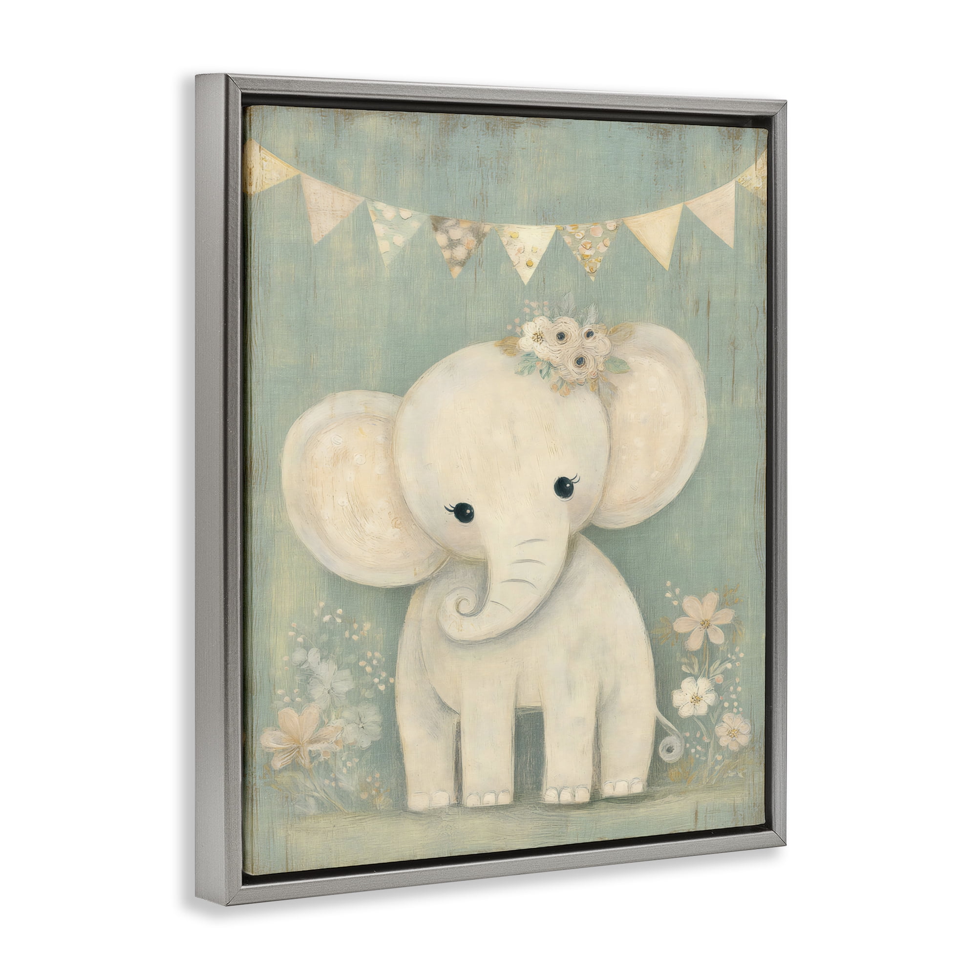 Stupell Industries Elephant with Overhead Banner Gray Framed Floater Canvas Wall Art, design by Ink Drop Loft