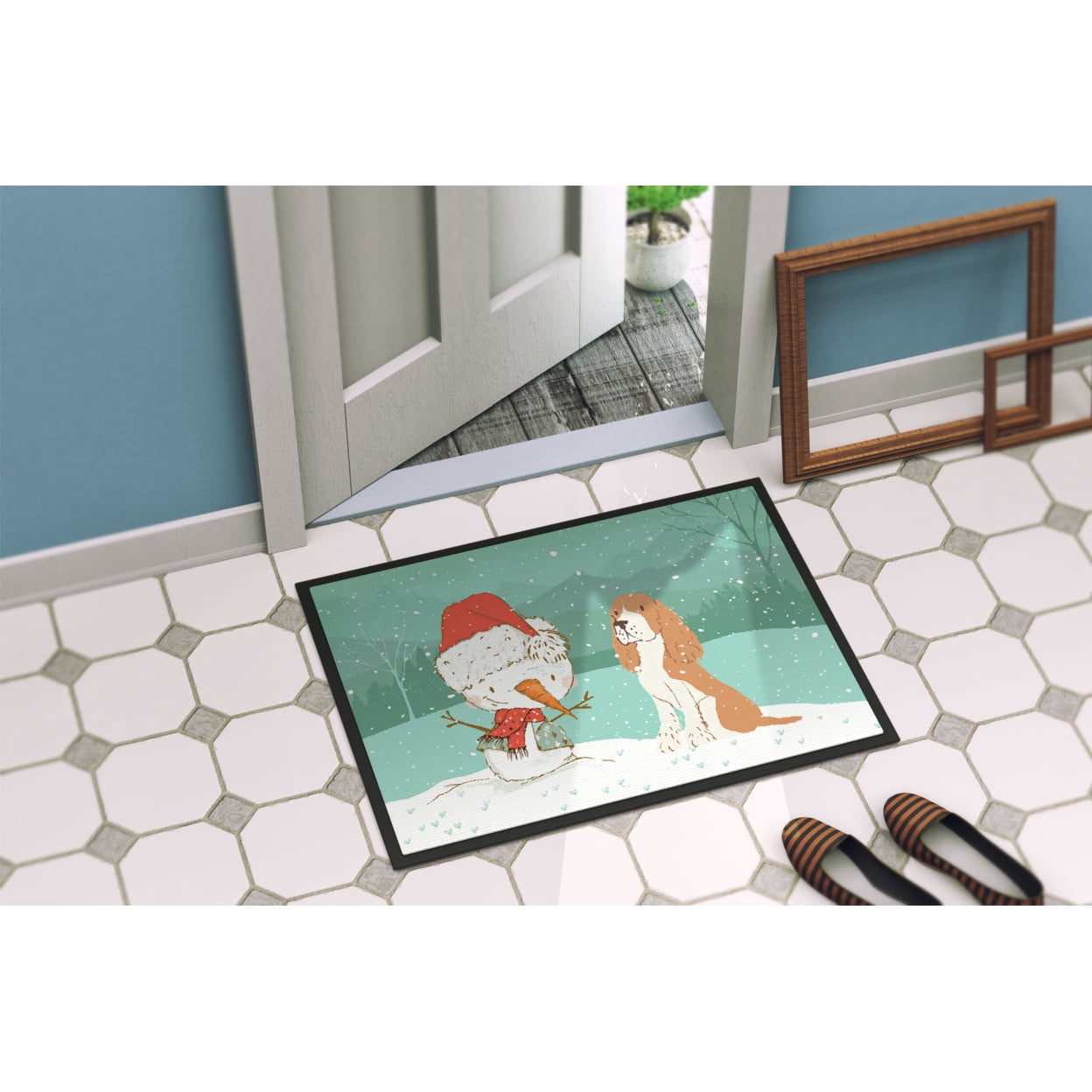 Red Spaniel Snowman Christmas Door Mat