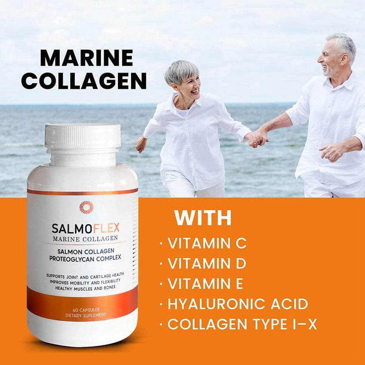 VITASEI Salmoflex Marine Collagen Peptides Pills W/Hyaluronic Acid, Vitamin C, D, E| Salmon Supplements -Hair, Skin, Nails | Multivitamin for Women & Men |Knee, Joint Relief -3 x 60 Capsules