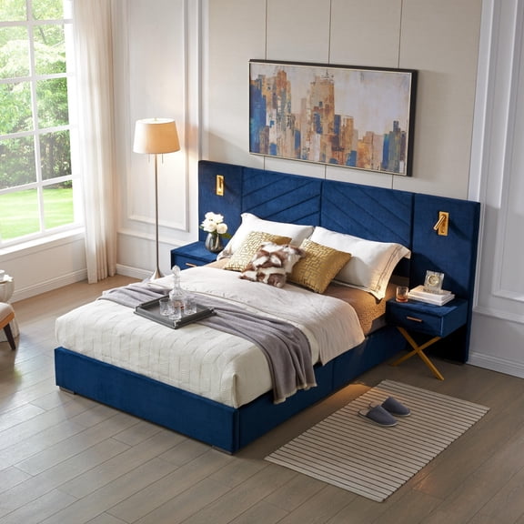 King Size Velvet Bed Frame with Two Nighttand and Vertical Tufted Wingback Headboard Upholstered Platform Bed Strong Wooden Slats No Box Spring Needed Easy Assembly