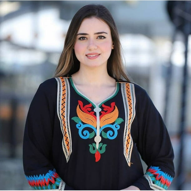 Black summer Kaftan, bohemian multicolor embroidery dress, Egyptian