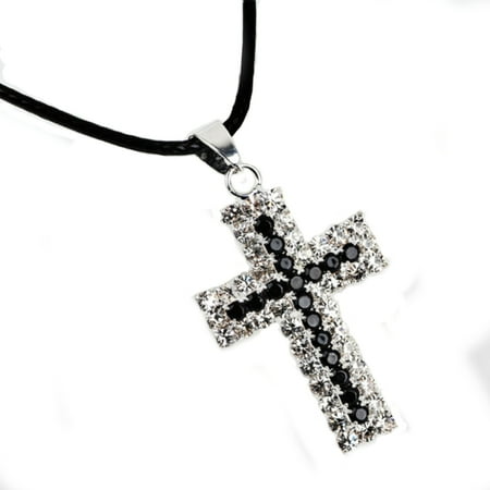Black Rhinestone Cross Necklace - Cross Jewelry Black and SilverTone Crystal Rhinestone Anti-Tarnish Necklace, J-3-RS