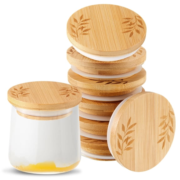 6 Pcs Bamboo Yogurt Jar Lids Set with Silicone Sealing Rings, Reusable Canning Covers Compatible with , Kitchen Storage Lids with Leaf Design, Beige