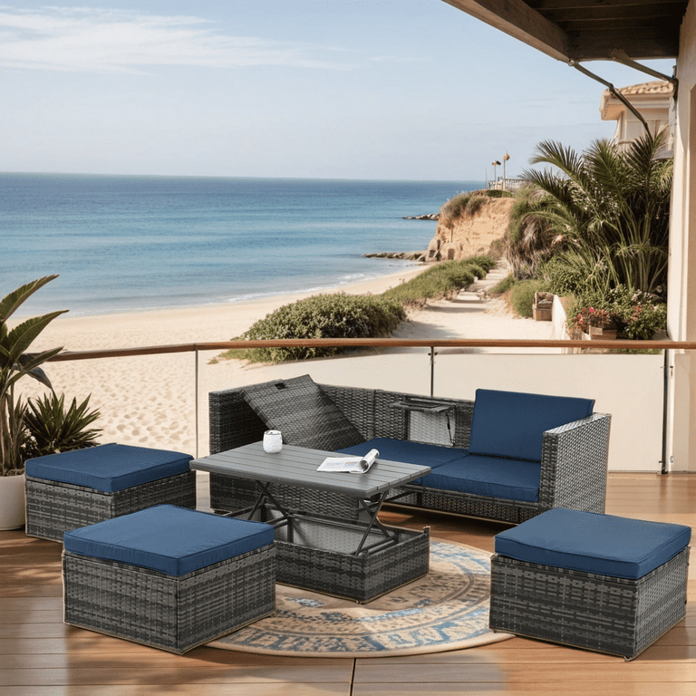 Highsound 5 Piece Patio Furniture Set All Weather Outdoor Conversation Set with Lift top Coffee Table Ottomans Adustable Backrest Wicker