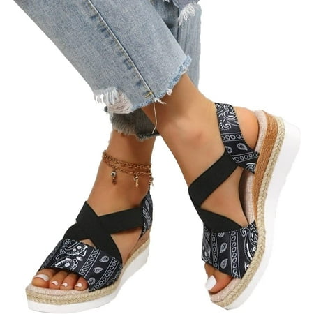 

Pikadingnis Women Wedge Sandals Cross Band Elastic Comfortable Sandals Fashion Snake Pattern Sandals Bohemian Soft-Soled Non Slip Open Toe Sandals for Beach Travel Daily Work for Ladies Girls Black