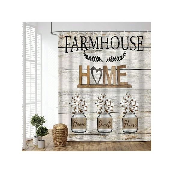 Rustic Floral Flower Sweet Love Home Fabric Shower Curtain, Farmhouse Country Vintage Wood Plank Cotton Shower Curtains For Bathroom Decor With 12 Hooks 60"(W) X 72"(H)