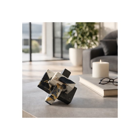 Geometric Home Decor Marble Sculpture for Living Room and Bathroom - Modern Glam Figurine Ornaments for Office Shelf Display - Modern Stone Accent for Coffee Table and Room Decor - 5", Black & White