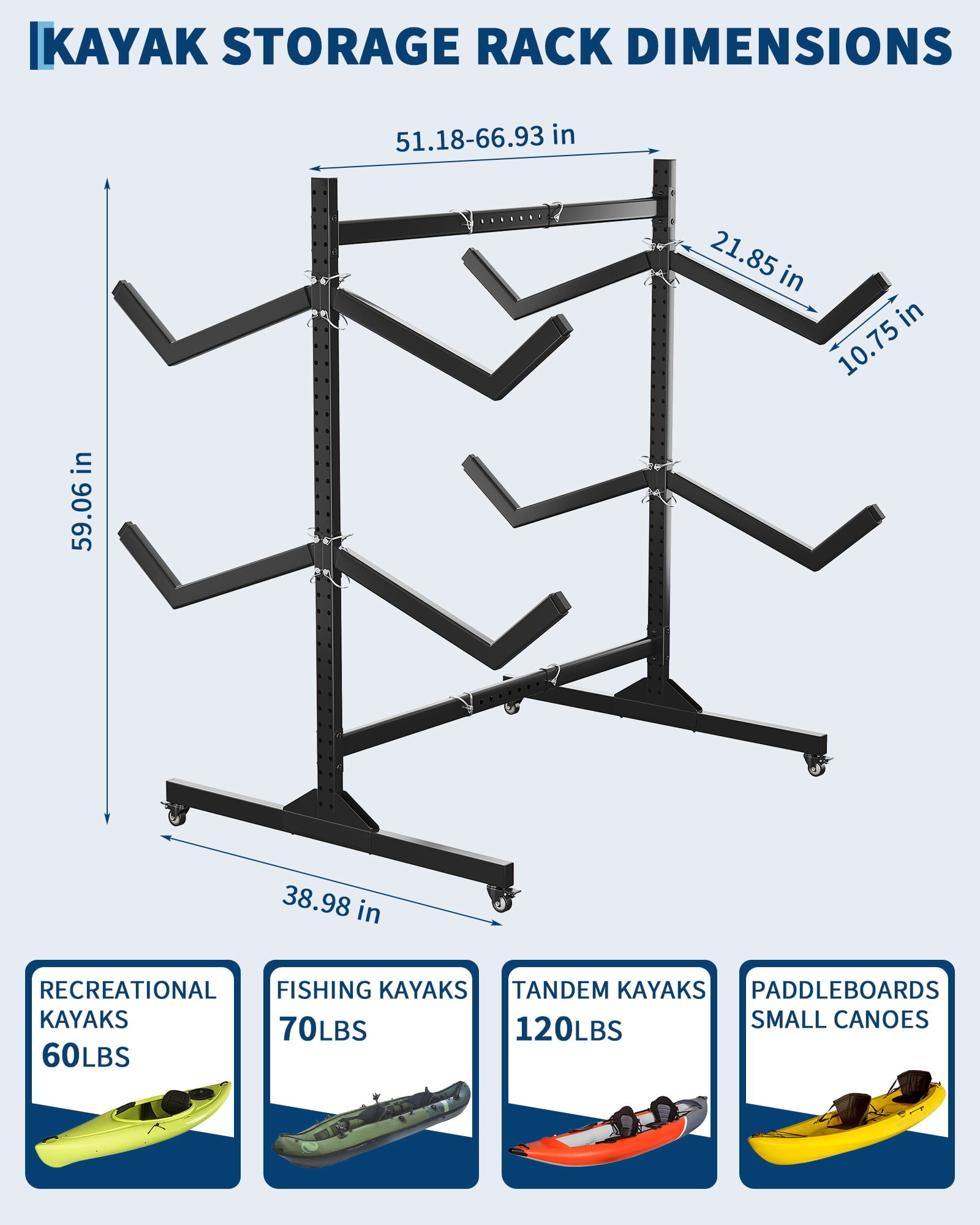 Mescukay Freestanding Kayak Storage Rack for 4 Kayaks, Kayak Racks for Outdoor Storage with Movable Wheels, Kayak Stand Heavy Duty Storage for Canoe, SUP and Surfboard