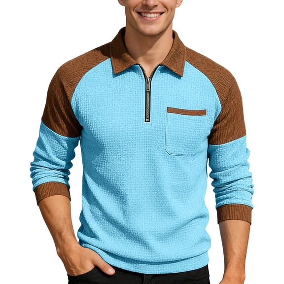IWRICH Men's Waffle Quarter Zip Long Sleeve Polo Shirts Classic Color Blocking Tops Casual Collared Basic Tees with Pocket Sky Blue XL
