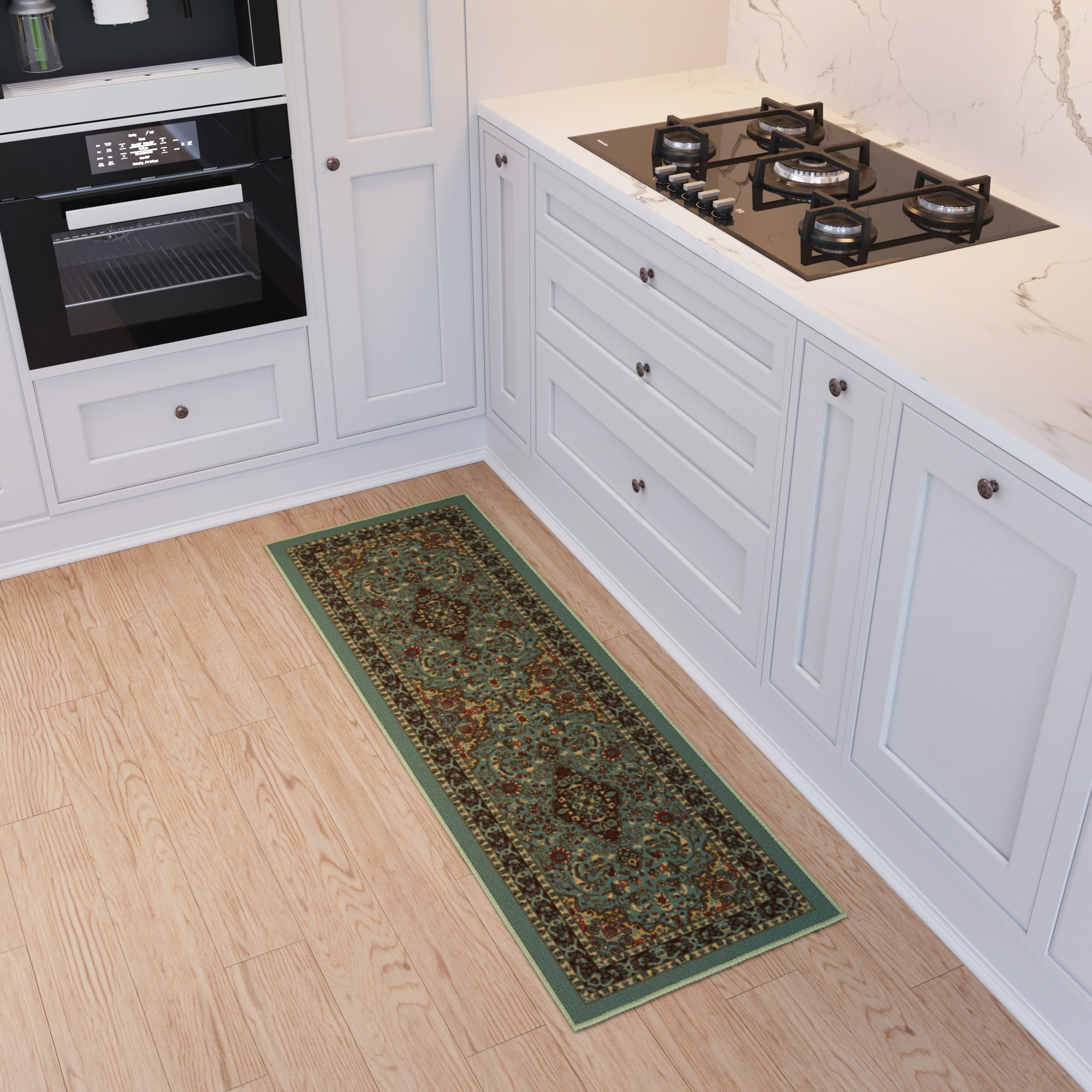 Ottomanson Medallion Bathroom Runner Rug 20" x 59" - Non Slip Low Pile Carpet, Seafoam Green