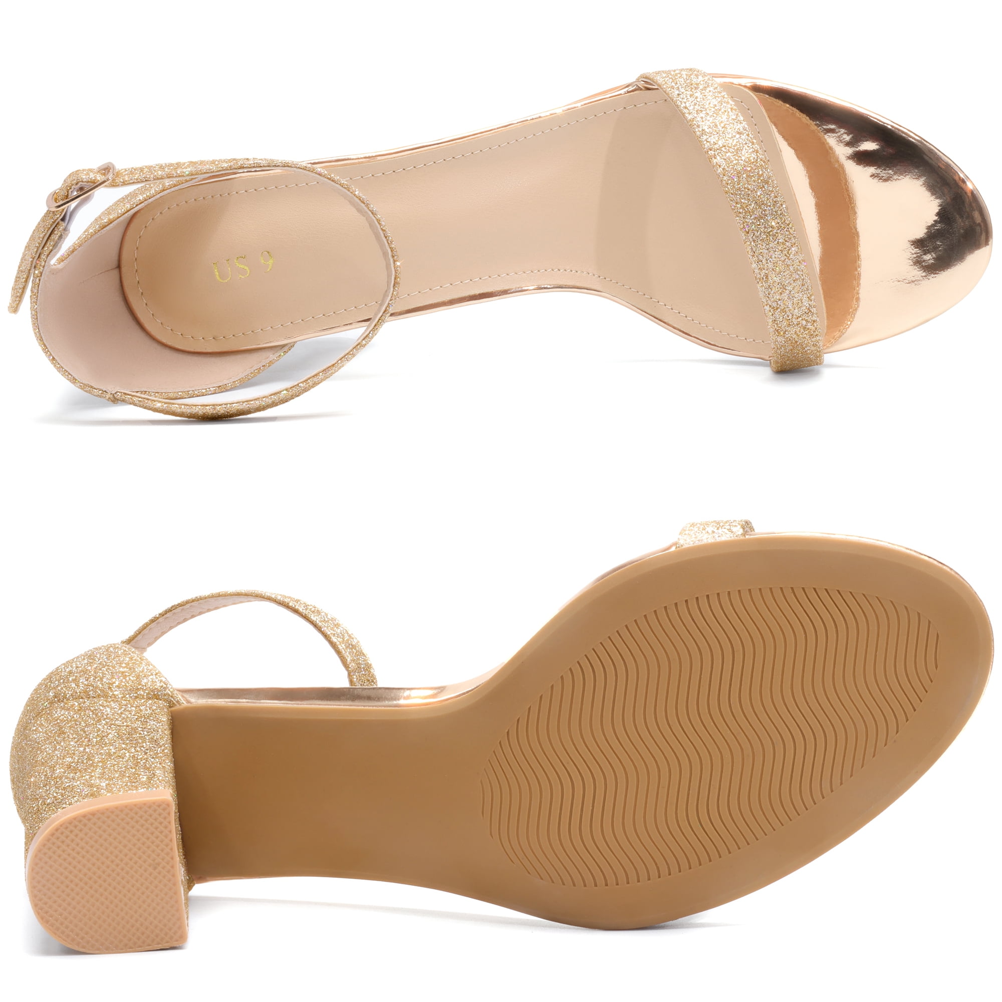 DARING DIVA Women's Ankle Strap Chunky Heels Glitter Vamp Open-Toe Sandals Gold 8.5