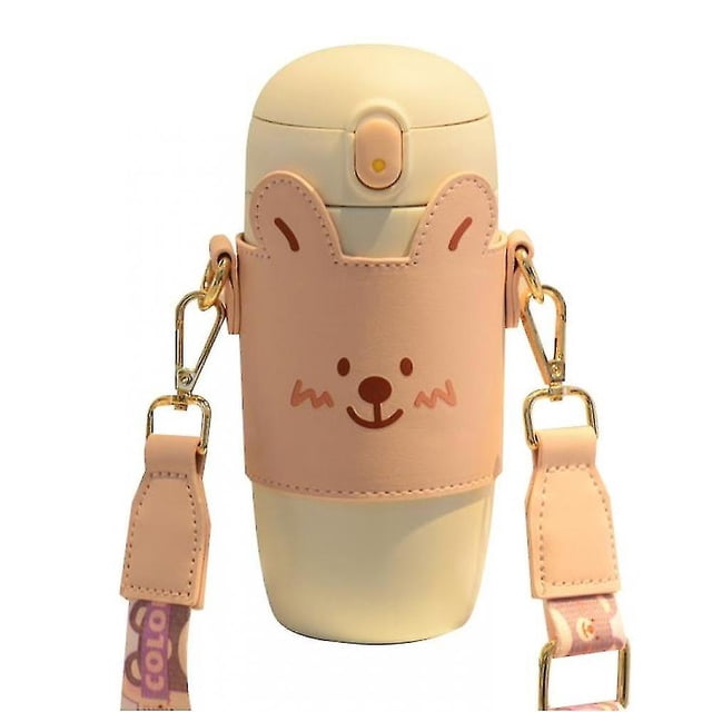 Botella de agua deportiva para niños (rosa) con pajita, termo para niños