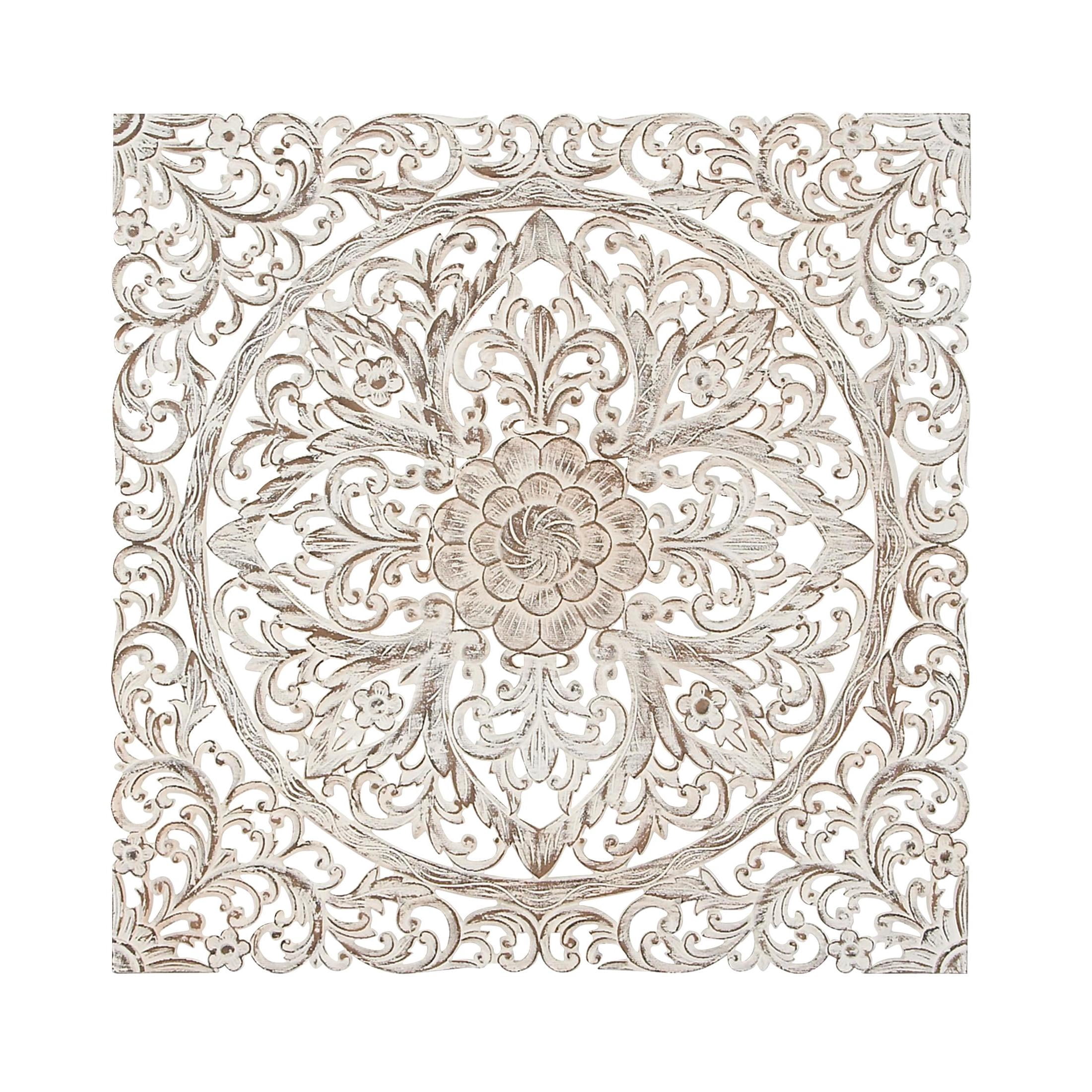 DecMode Traditional White Wood Carved Filligree Medallion Pattern Wall Décor , 36"W x 36"H