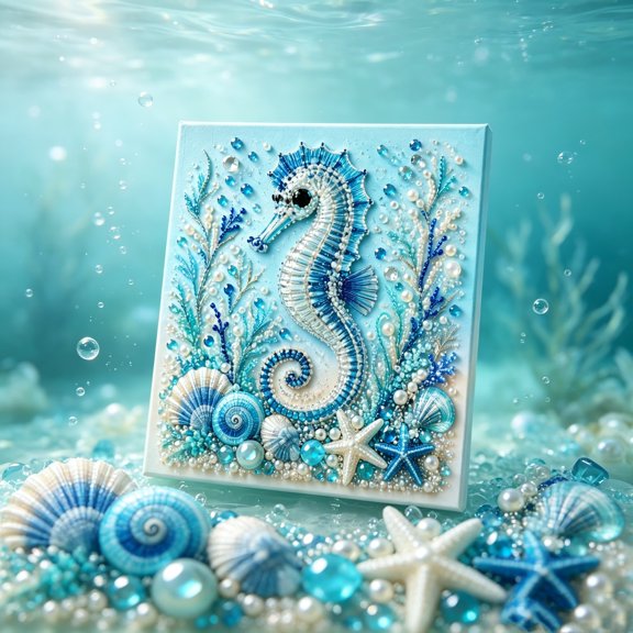 Ocean Theme Pearl Art DIY Kit, 7.8 x 7.8in 3D Pearl Craft Kit, Sparkling Coastal Pearls Mosaic Art with Pearls & Rhinestones, DIY Home Wall Decor Gift