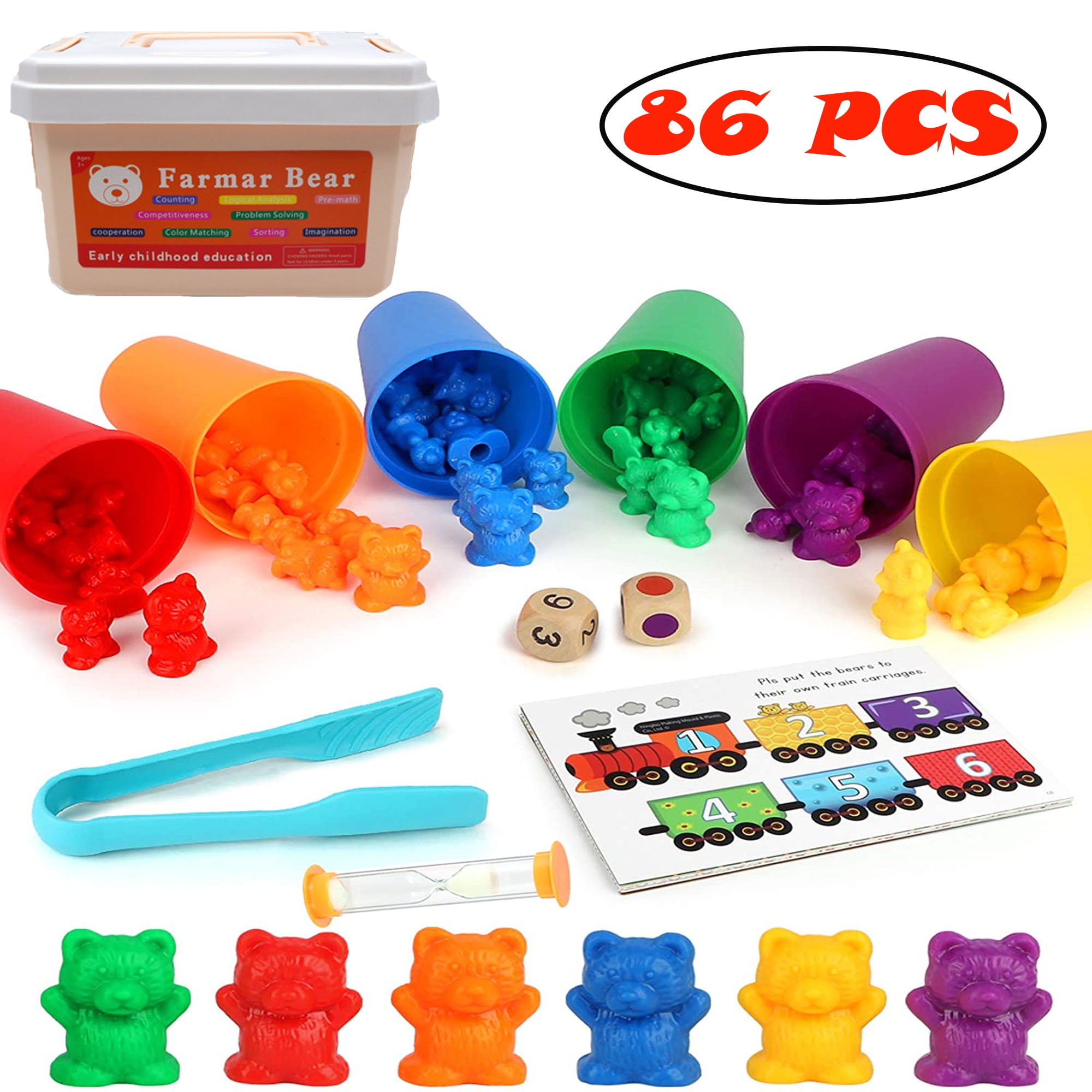 SUNHE YHK Rainbow Counting Bears with Matching Sorting Cups Number Color Recognition STEM Educational Toys for Toddlers and Kids 90 Piece Kit 