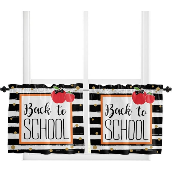 Black White Sriped Kitchen Curtain 24 Inch Length Small Short Cafe Tiers Curtains Drape, 2 Panel Window Treatment Rod Pocket Drapery Panels Curtains, School Geometric Fruit Bow Polka Dot 27.5x24