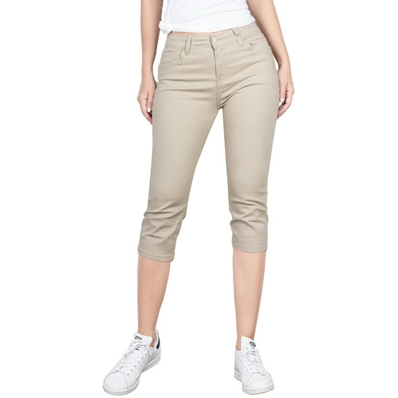 2Luver, Women's, Stretchy 5 Pocket Mid-Rise Solid Color Classic Skinny Capri Uniform Pants, Khaki, 7