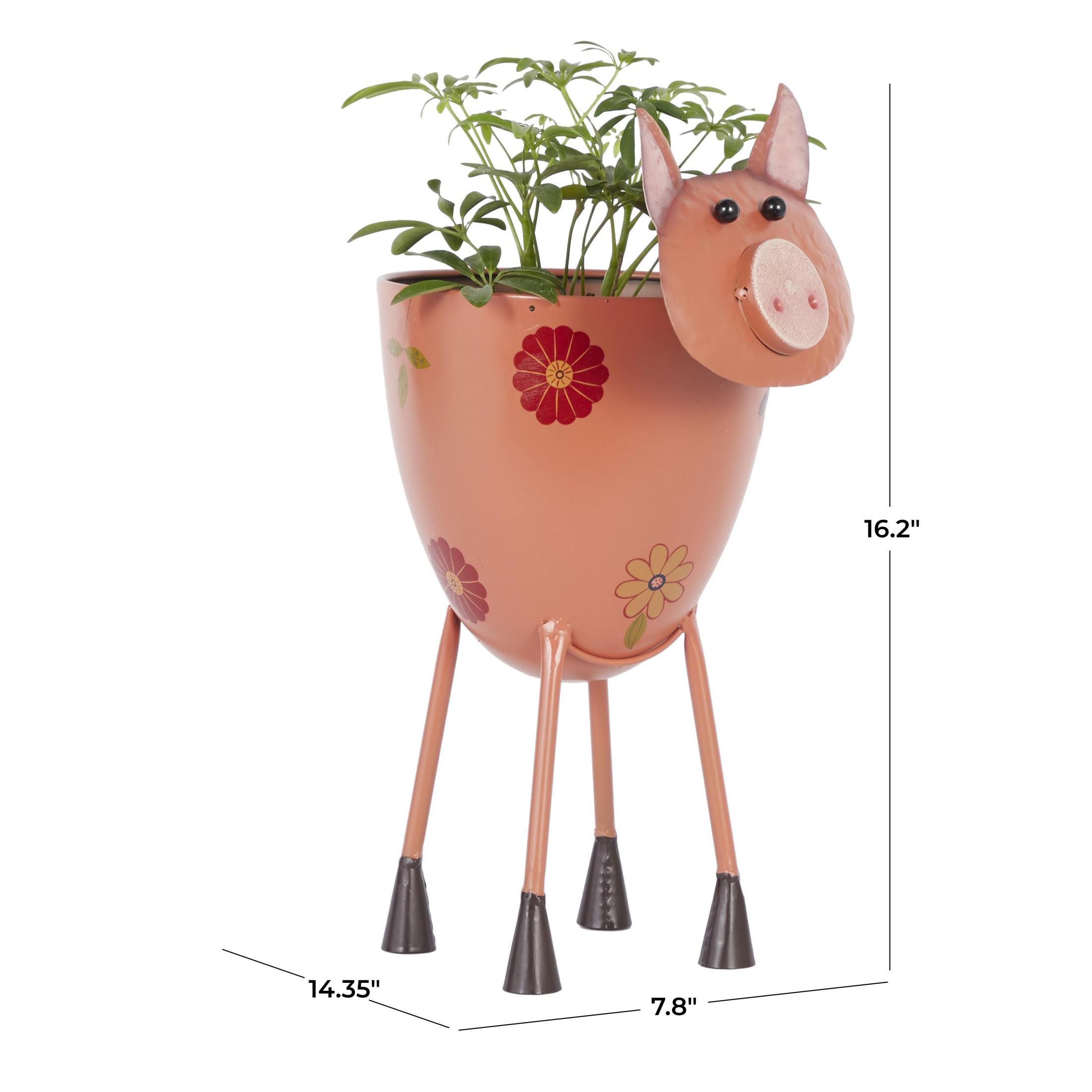 DecMode Pink Metal Pig Indoor Outdoor Planter with Floral Accents, 8" x 14" x 16"
