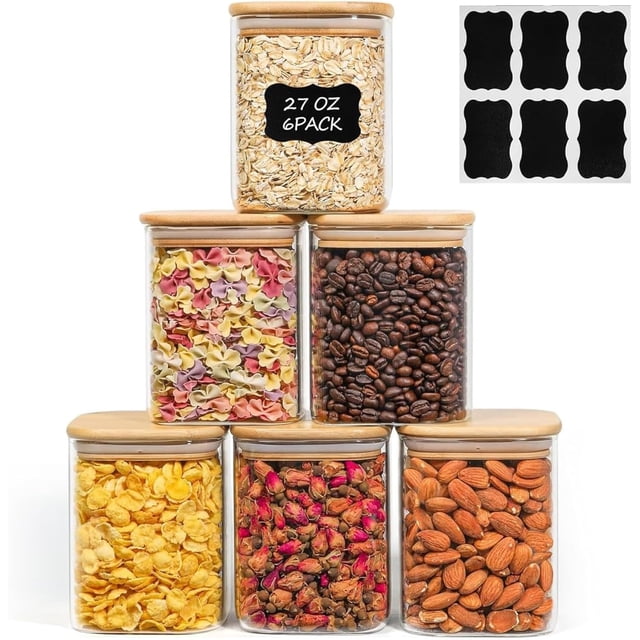 800ml Glass Food Storage Jars Set of 6, Clear Storage Containers with Airtight Bamboo Lid, Pantry Organization Jar, Spice, Blooming Tea, Coffee and Sugar Container, Canister Set for Kitchen