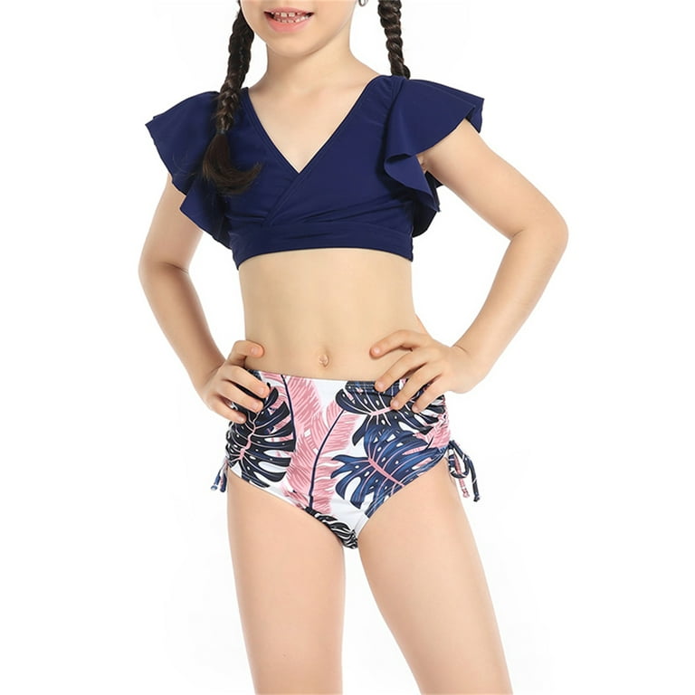 Lamuusaa 2Pcs Family Matching Girls Swimsuit for Women Floral Fruit Leaves Print Fly Sleeve Bikini Set Mommy and Me Bathing Suits Swimwear