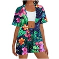 thumbnail image 2 of HOZADOIE Two Piece Sets for Women Beach Lounge Sets Stylish Hawaiian Print Color Block Short Sleeve Cardigan Elastic Drawstring Waist Shorts Summer Matching Set, 2 of 7