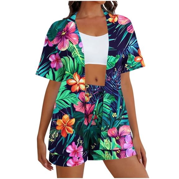 POIUYTR Women's Summer 2 Piece Sets Tropical Beach Button Down Shirts Casual Vacation Shorts Trendy Boho Floral Printed Outfits