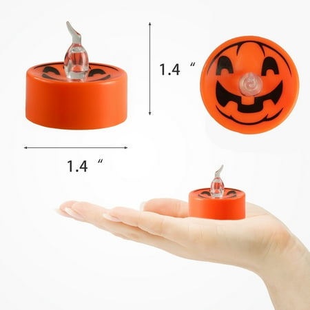 

LED Electronic Tea Candle Horror Pumpkin Grimace Spider Web Halloween Decorative Candle 12pcs Orange Shell Printed Pumpkin Face warm white flash