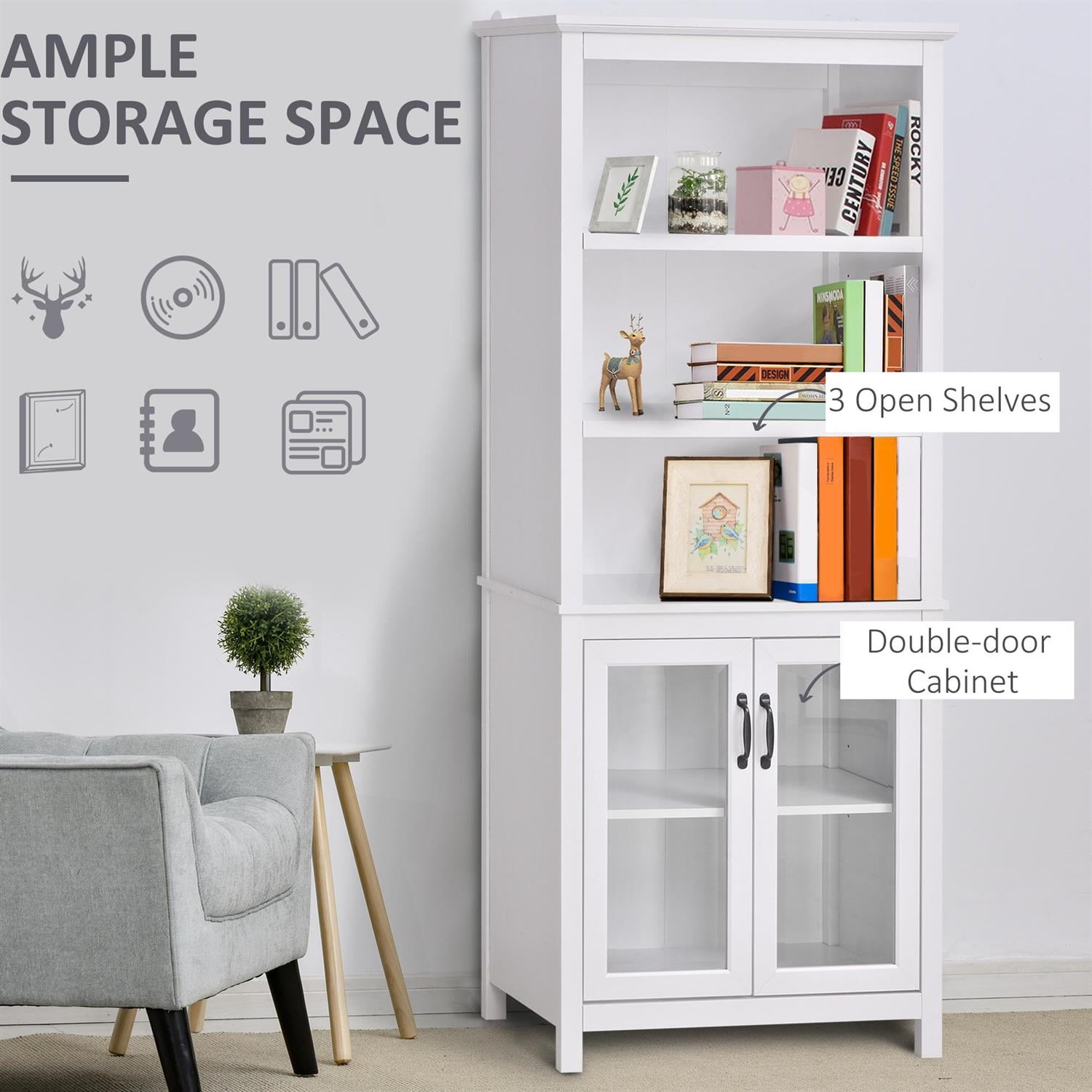 Demi Bonn 71" Adjustable Shelves Bookcase Cabinet with Glass Doors for Home Office, Living Room or Kitchen Use, Stylish Storage, White