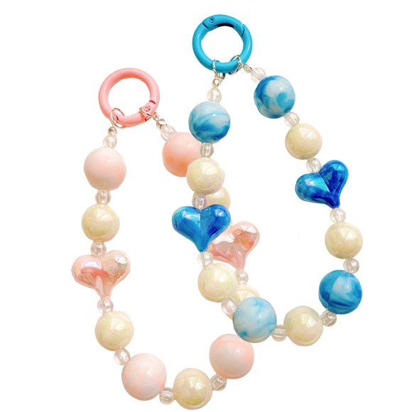 Greenadscape 2Pcs Beaded Phone Strap Acrylic Wrist Lanyard for Phone Case with Cute Heart Pendant